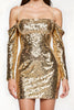 Laden Sie das Bild in den Galerie-Viewer, Glitzer Golden Kalte Schulter Pailletten Kurzes Abiballkleid mit Ärmel