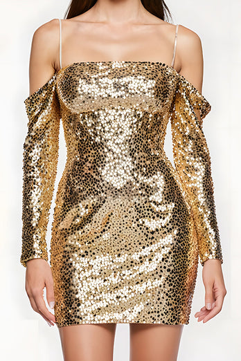 Glitzer Golden Kalte Schulter Pailletten Kurzes Abiballkleid mit Ärmel