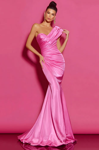 Einfaches Eine Schulter Pink Lange Meerjungfrau Ballkleid