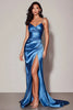 Laden Sie das Bild in den Galerie-Viewer, Dunkelblau Spaghettiträger Geraffte Lange Ballkleid mit Schlitz