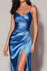 Laden Sie das Bild in den Galerie-Viewer, Dunkelblau Spaghettiträger Geraffte Lange Ballkleid mit Schlitz