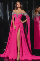 Laden Sie das Bild in den Galerie-Viewer, Glitter Fuchsia Schulterfrei A-Linie Lange Ballkleid mit Schlitz