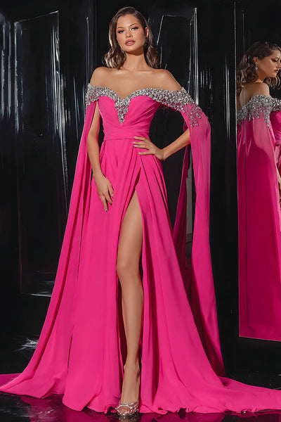 Glitter Fuchsia Schulterfrei A-Linie Lange Ballkleid mit Schlitz