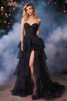 Laden Sie das Bild in den Galerie-Viewer, Schwarz und Weiß Punkt Herz-Ausschnitt Lange Ballkleid mit Schlitz