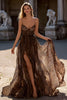 Laden Sie das Bild in den Galerie-Viewer, Braun Leopard Spaghettiträger A-Linie Lange Ballkleid mit Schlitz