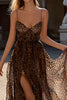 Laden Sie das Bild in den Galerie-Viewer, Braun Leopard Spaghettiträger A-Linie Lange Ballkleid mit Schlitz