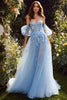 Laden Sie das Bild in den Galerie-Viewer, Hellblau Schulterfrei Blumen A-Linie Lange Ballkleid