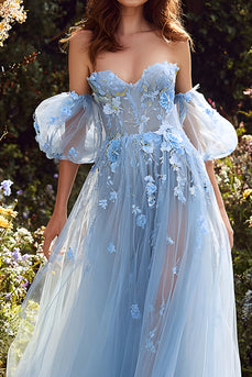 Hellblau Schulterfrei Blumen A-Linie Lange Ballkleid