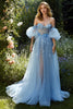 Laden Sie das Bild in den Galerie-Viewer, Blumen Hellblau A-Linie Schulterfrei Lange Ballkleid