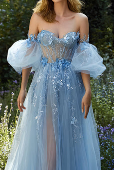 Blumen Hellblau A-Linie Schulterfrei Lange Ballkleid