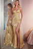 Laden Sie das Bild in den Galerie-Viewer, Golden Spaghettiträger Meerjungfrau Lange Ballkleid mit Schlitz