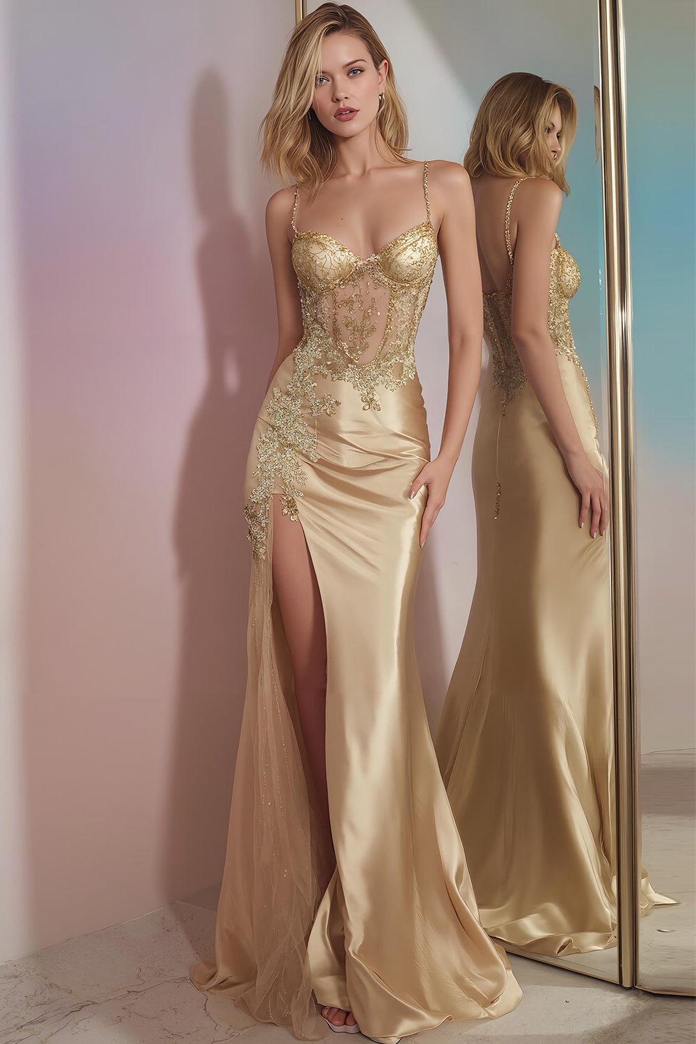 Glitter Golden Korsett Meerjungfrau Lange Ballkleid mit Schlitz