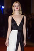 Laden Sie das Bild in den Galerie-Viewer, Patchwork Tiefer V-Ausschnitt Lange Schwarz und Weiß Kleid mit Schlitz
