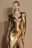 Laden Sie das Bild in den Galerie-Viewer, Golden Glitter Geraffte Lange Ärmel Ballkleid mit Schlitz