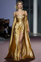 Laden Sie das Bild in den Galerie-Viewer, Golden Kalte Schulter Metallisch Lange Ballkleid mit Schlitz