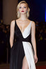 Laden Sie das Bild in den Galerie-Viewer, Tiefer V-Ausschnitt A-Linie Patchwork Lange Schwarz und Weiß Kleid mit Schlitz