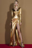 Laden Sie das Bild in den Galerie-Viewer, Golden Metallisch V-Ausschnitt Glitter Lange Ärmel Ballkleid mit Schlitz