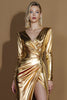 Laden Sie das Bild in den Galerie-Viewer, Golden Metallisch V-Ausschnitt Glitter Lange Ärmel Ballkleid mit Schlitz