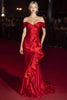 Laden Sie das Bild in den Galerie-Viewer, Rot Meerjungfrau Schulterfrei Lange Ballkleid mit Rüschen