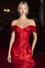 Laden Sie das Bild in den Galerie-Viewer, Rot Meerjungfrau Schulterfrei Lange Ballkleid mit Rüschen