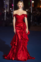 Laden Sie das Bild in den Galerie-Viewer, Dunkelgrün Schulterfrei Meerjungfrau Lange Ballkleid mit Rüschen