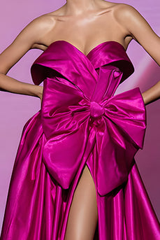 Fuchsia Trägerlos A Linie Lange Ballkleid mit Bogen