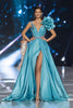 Laden Sie das Bild in den Galerie-Viewer, Glitter Blau V-Ausschnitt A Linie Lange Ballkleid mit 3D Blume