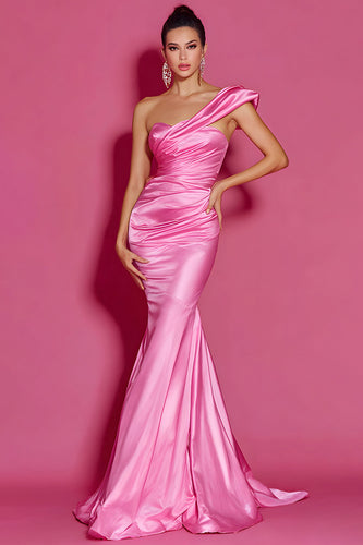 Knallpink Eine Schulter Lange Meerjungfrau Ballkleid