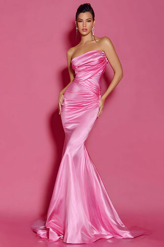 Einfaches Knallpink Trägerlos Lange Meerjungfrau Ballkleid