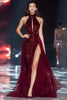 Laden Sie das Bild in den Galerie-Viewer, Glitter Burgunderrot Hoher Ausschnitt Pailletten Lange Ballkleid mit Schlitz