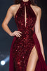Laden Sie das Bild in den Galerie-Viewer, Glitter Burgunderrot Hoher Ausschnitt Pailletten Lange Ballkleid mit Schlitz