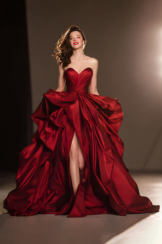 Dunkelrot Herz-Ausschnitt Rüschen Ballkleid Lange Ballkleid mit Schlitz