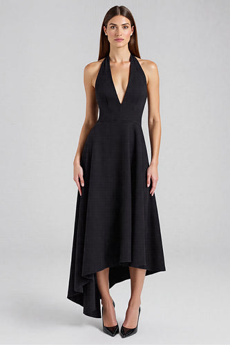 Satin A Linie Neckholder Rückenfreie Lange Schwarz Krawattenkleid