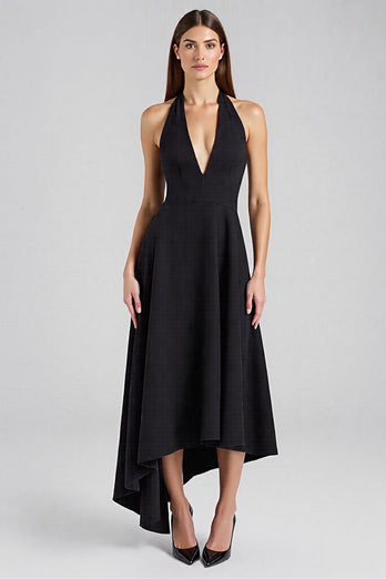 Satin A Linie Neckholder Rückenfreie Lange Schwarz Krawattenkleid
