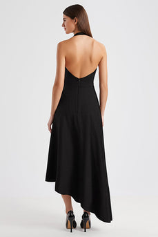 Satin A Linie Neckholder Rückenfreie Lange Schwarz Krawattenkleid