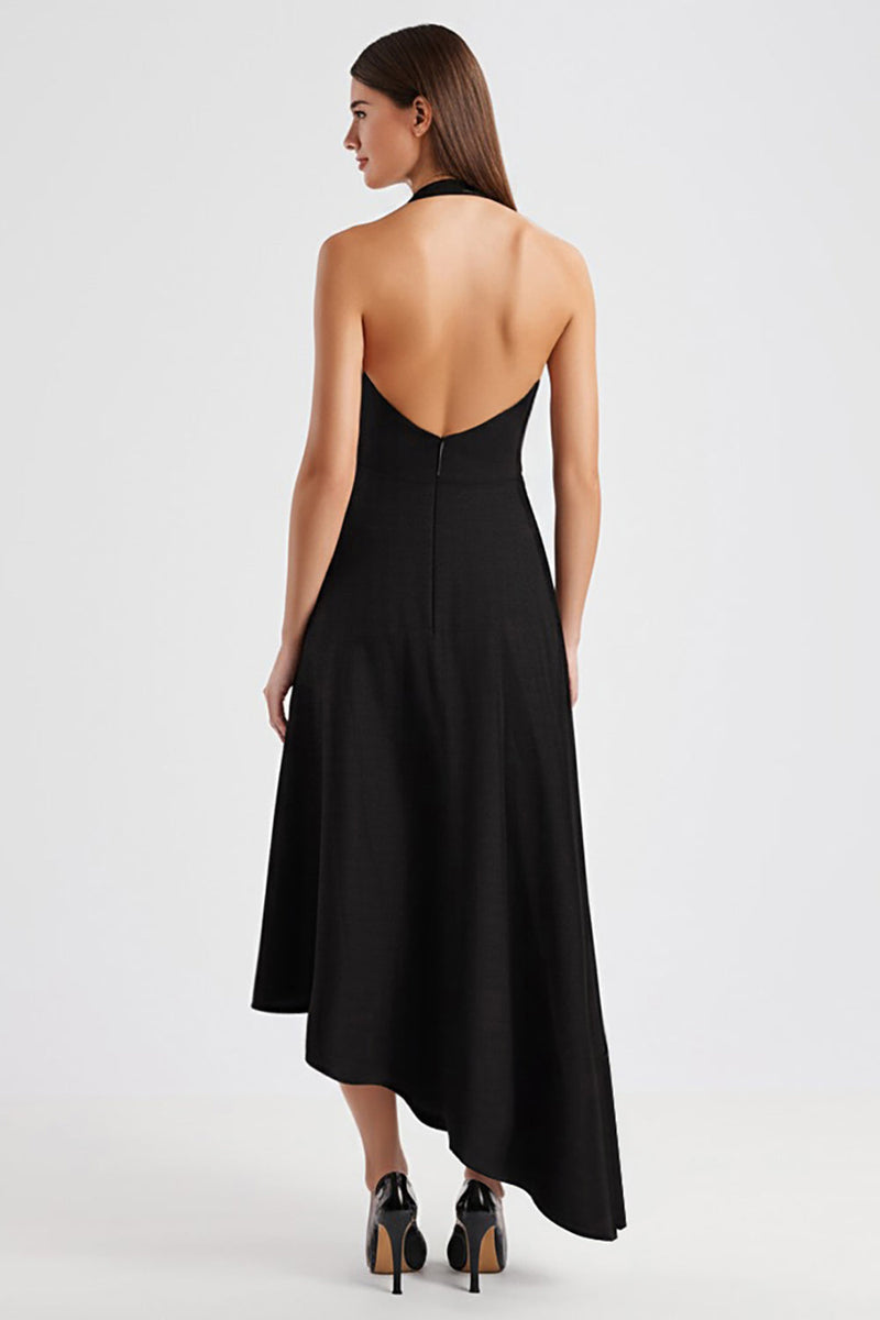Laden Sie das Bild in den Galerie-Viewer, Satin A Linie Neckholder Rückenfreie Lange Schwarz Krawattenkleid