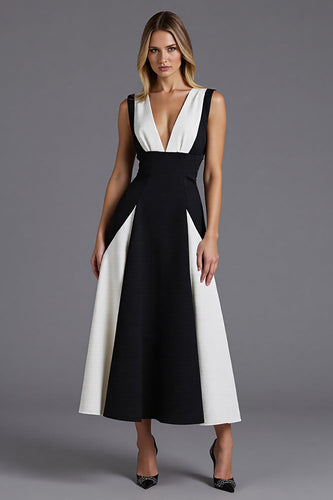 Schwarz und Weiß Patchwork Satin A Linie Rückenfreie Lange Formelle Kleid