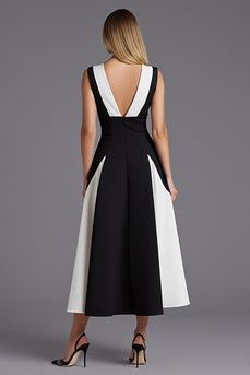 Schwarz und Weiß Patchwork Satin A Linie Rückenfreie Lange Formelle Kleid