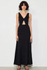 Laden Sie das Bild in den Galerie-Viewer, Satin Cut Out A Linie V Ausschnitt Lange Schwarz Krawattenkleid