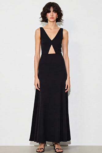 Satin Cut Out A Linie V Ausschnitt Lange Schwarz Krawattenkleid