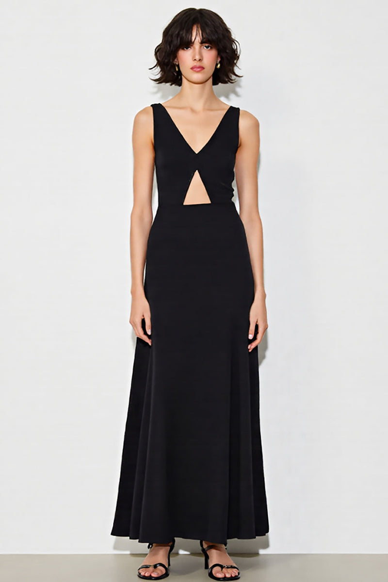 Laden Sie das Bild in den Galerie-Viewer, Satin Cut Out A Linie V Ausschnitt Lange Schwarz Krawattenkleid