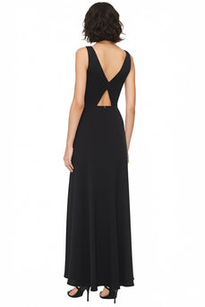 Satin Cut Out A Linie V Ausschnitt Lange Schwarz Krawattenkleid