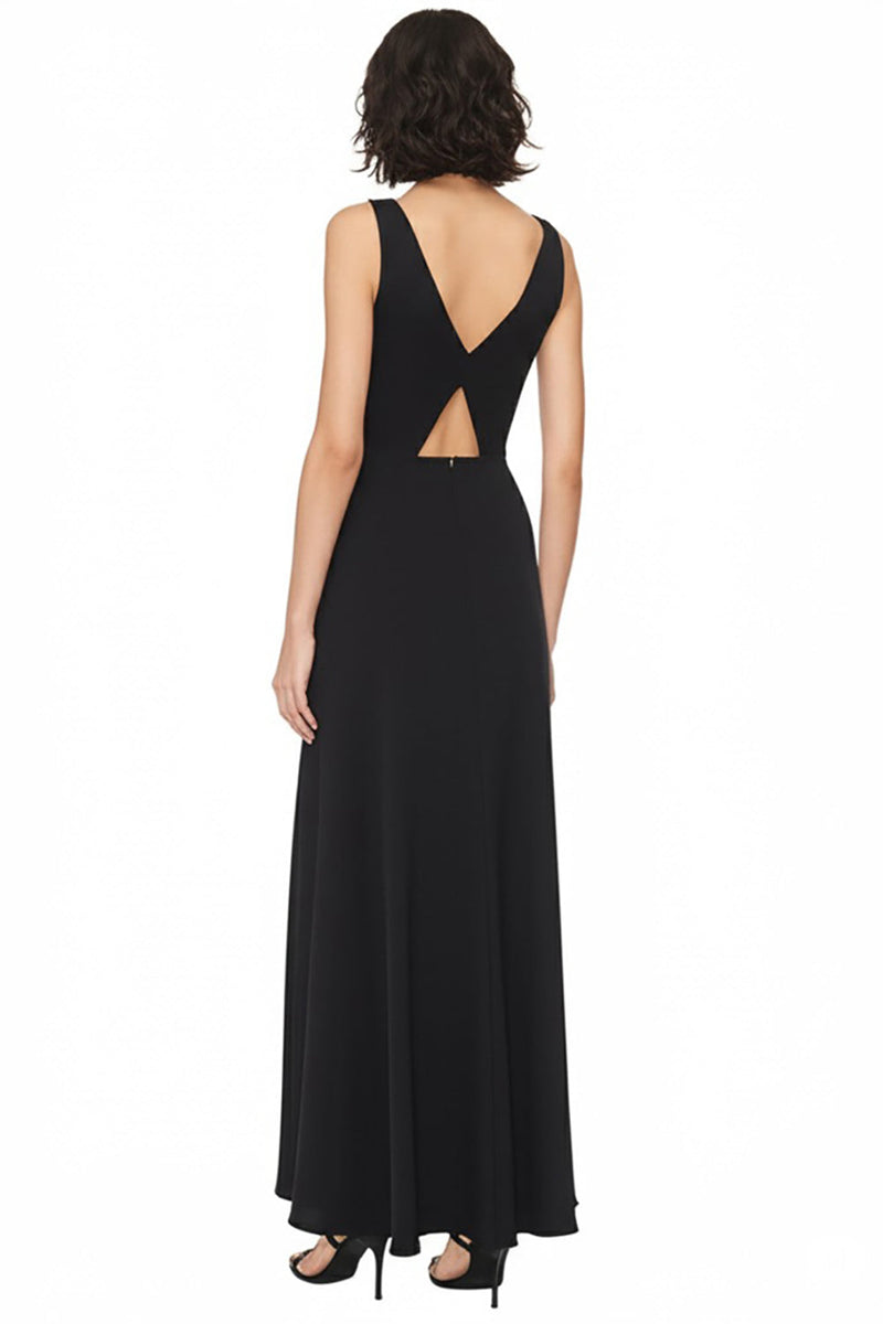 Laden Sie das Bild in den Galerie-Viewer, Satin Cut Out A Linie V Ausschnitt Lange Schwarz Krawattenkleid