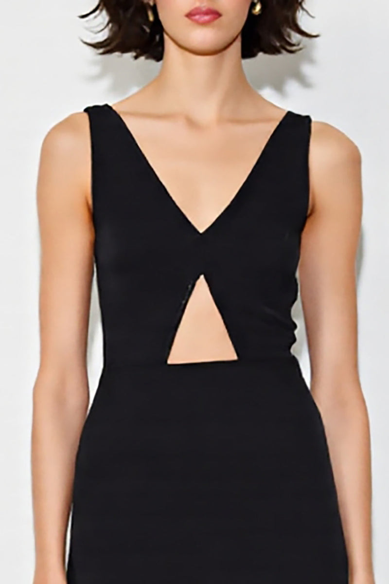 Laden Sie das Bild in den Galerie-Viewer, Satin Cut Out A Linie V Ausschnitt Lange Schwarz Krawattenkleid