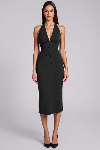 Schwarz Satin Bodycon Rückenfreie Midi Neckholder Cocktailkleid