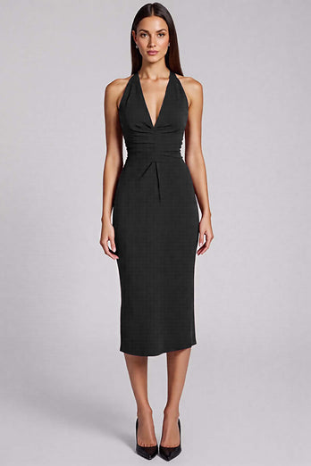 Schwarz Satin Bodycon Rückenfreie Midi Neckholder Cocktailkleid