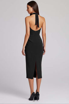 Schwarz Satin Bodycon Rückenfreie Midi Neckholder Cocktailkleid