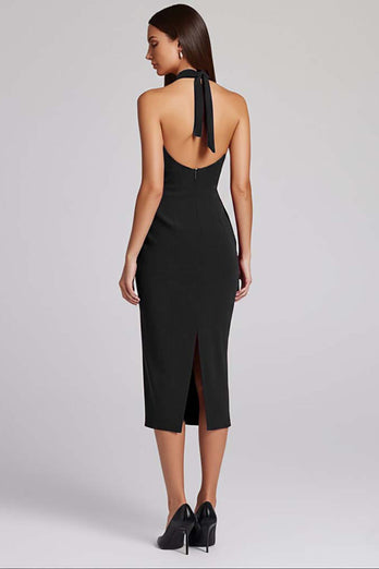 Schwarz Satin Bodycon Rückenfreie Midi Neckholder Cocktailkleid