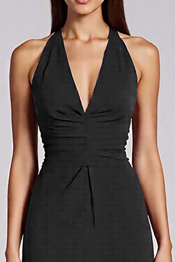 Schwarz Satin Bodycon Rückenfreie Midi Neckholder Cocktailkleid