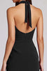 Laden Sie das Bild in den Galerie-Viewer, Schwarz Satin Bodycon Rückenfreie Midi Neckholder Cocktailkleid